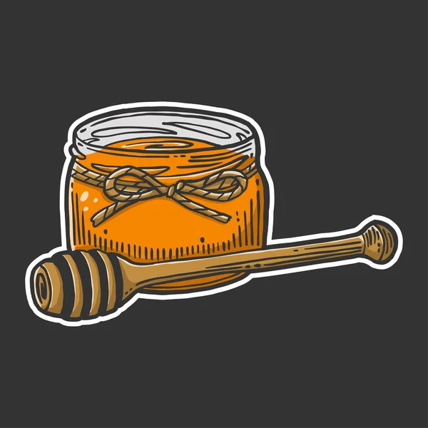 Miele in vaso con cucchiaio di legno. Concetto vettoriale in stile doodle e sketch. Illustrazione disegnata a mano per la stampa su magliette, cartoline . — Vettoriale Stock