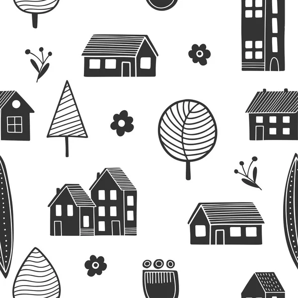 Lindas casas en blanco y negro en estilo escandinavo . — Vector de stock