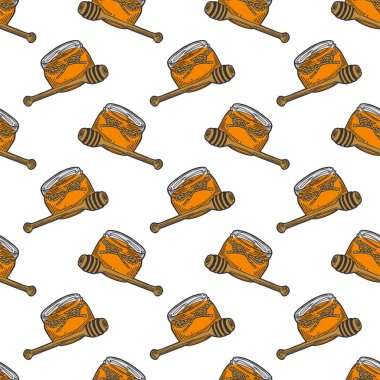 Tahta kaşıkla tencerede bal. Doodle ve çizim stilinde vektör kavramı. T-shirt, kartpostal baskı için elle çizilmiş illüstrasyon. Tekstil, kağıt sargı için dikişsiz desen.