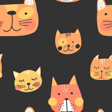 Sevimli el çizilmiş kedi yüzleri, çocukça baskı. T-shirt, poster, ambalaj kağıdı, dekorasyon için en iyisi. İskandinav stilinde vektör illüstrasyonu.