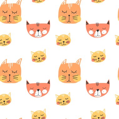Sevimli el çizilmiş kedi yüzleri, çocukça baskı. T-shirt, poster, ambalaj kağıdı, dekorasyon için en iyisi. İskandinav stilinde vektör illüstrasyonu.