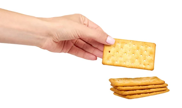 Hand met zoute cracker, knapperige voorgerecht, rechthoek vorm cookie. Geïsoleerd — Stockfoto