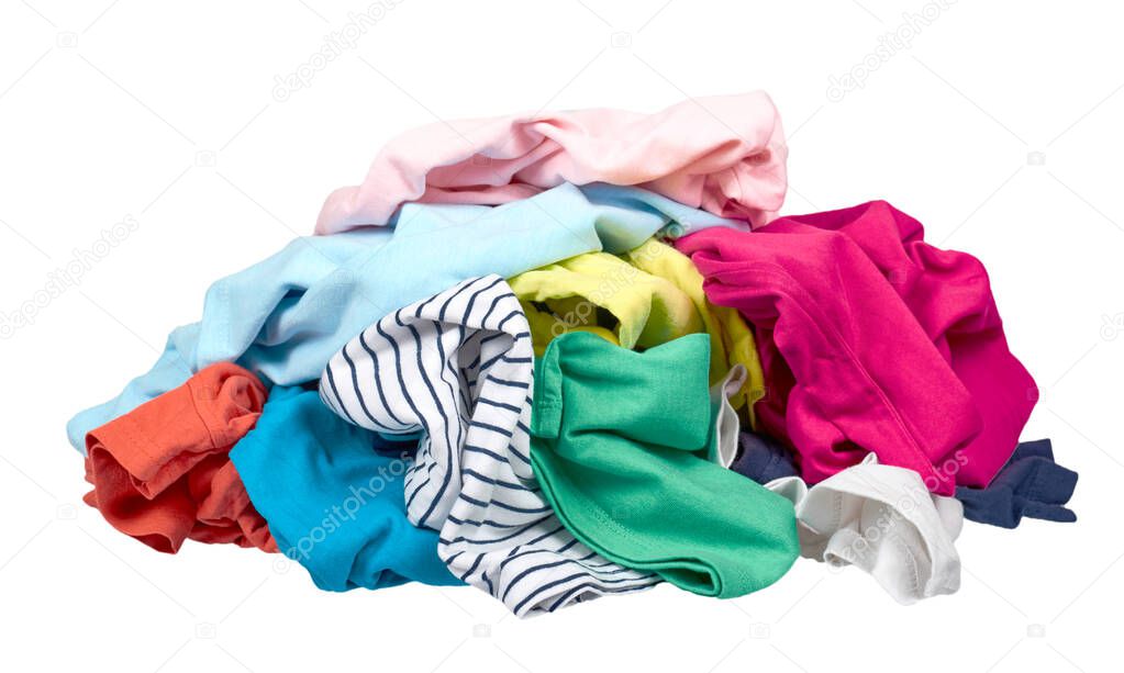 Assorted clothes, loundry housework. Isolated on white.
