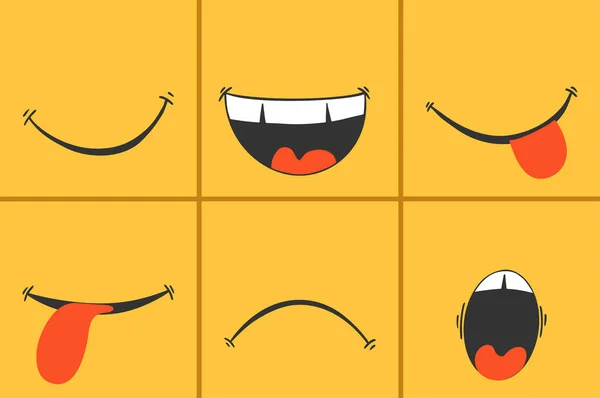 Conjunto de diferentes sonrisas. Emociones divertidas y tristes, lindas en estilo de dibujos animados. Imagen vectorial . — Archivo Imágenes Vectoriales