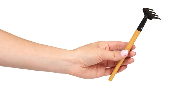 Рука с маленькими граблями, деревянная ручка, декоративный инструмент . — стоковое фото