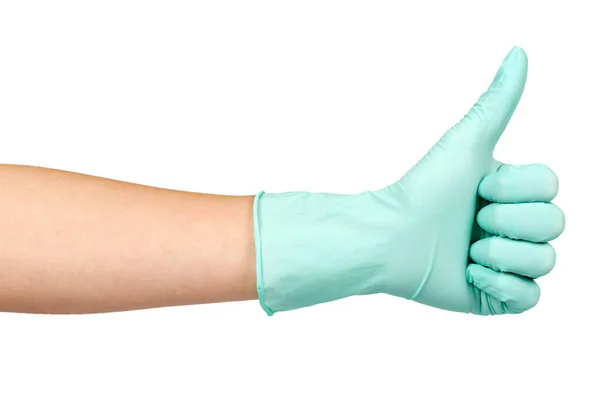 Ruce s gumovou rukavicí, ochrannou uniformu, bezpečností a péčí o medicínu. — Stock fotografie