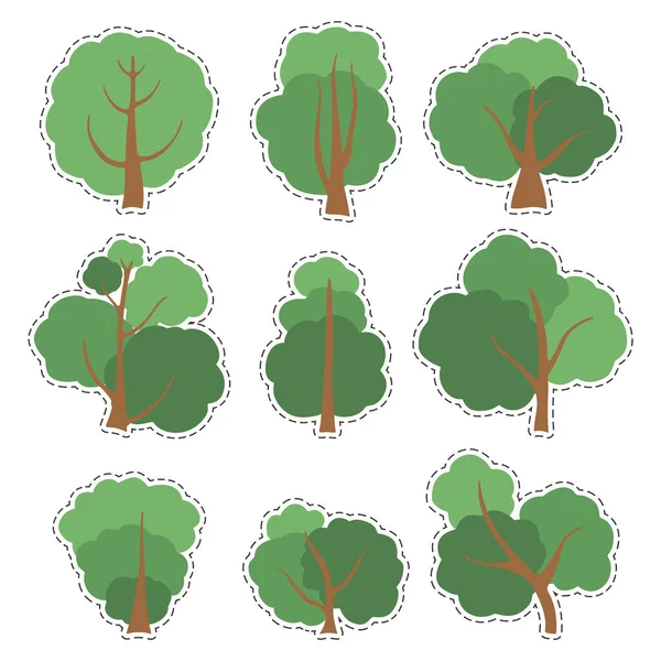 Set of different green trees. Trunk with foliage and branches. — Stock Vector