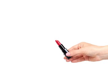 Siyah tüp, güzellik ve bakım kırmızı ruj ile el.