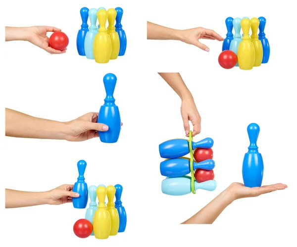 Boliche de brinquedo para jogo divertido, skittle plástico e bola, conjunto e coleção . — Fotografia de Stock