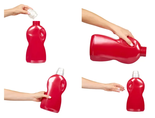 Red detergent bottle, washing gel, set and collection. — Stock Photo, Image