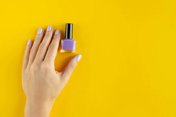 Hand with purple nail polish composition on yellow background.