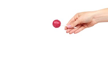 Renk lolipop ile el, parlak serin şeker.