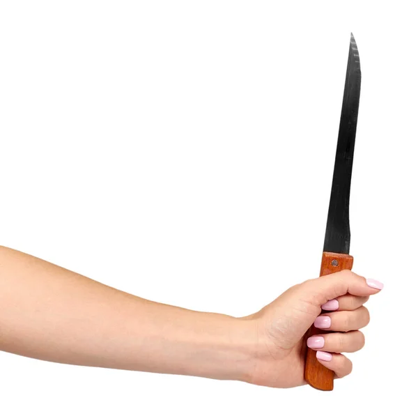 Hand with kitchen knife, home utensil, wooden handle. — Stock Photo, Image