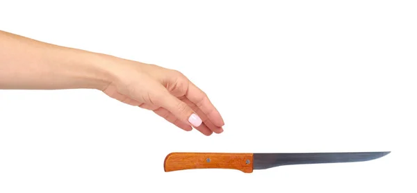 Mano con cuchillo de cocina, utensilio casero, mango de madera . — Foto de Stock