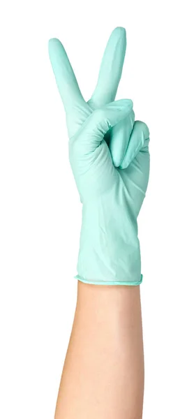Рука с резиновой перчаткой, защитная форма, медицина безопасности и ухода концепции . — стоковое фото