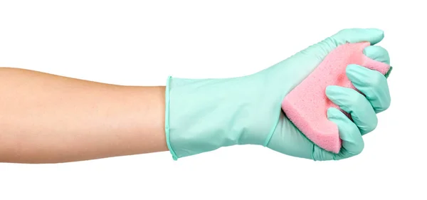 Рука с резиновой перчаткой и губкой, защитная форма, гигиенический чистящий инструмент . — стоковое фото