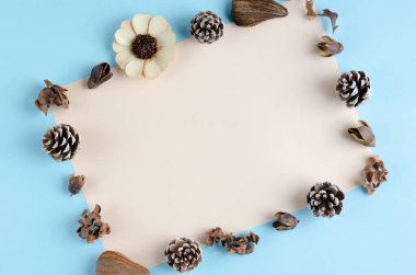 Mavi arka planda kurumuş yaprak bileşimi. Düz yatıyordu.