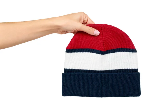 Pruhovaný bavlněný klobouk. Zimní sezóna oblečení, oblečení z portského. — Stock fotografie