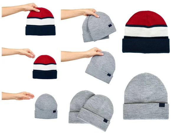 Bawełniany kapelusz, nakrycia głowy na zimne sezony, komplet i kolekcja. — Zdjęcie stockowe