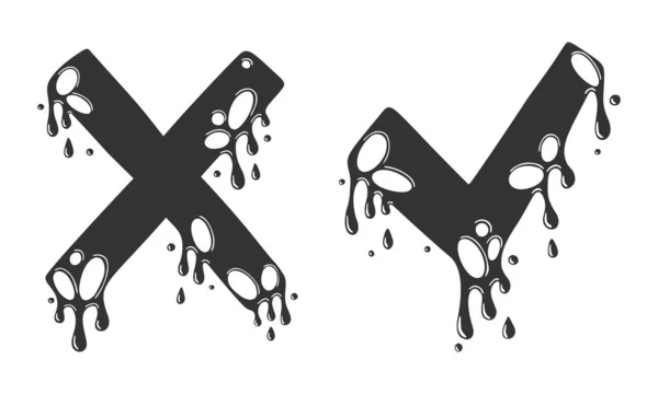Cross and check marks, X and V icons. No and Yes symbols, vote and decision. Vector image. Cartoon style, liquid dripping. — Stock Vector