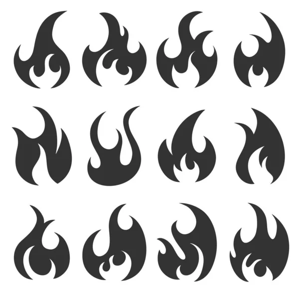Conjunto de diferentes iconos de llamas. Colección de siluetas de fuego en estilo de dibujos animados . — Vector de stock