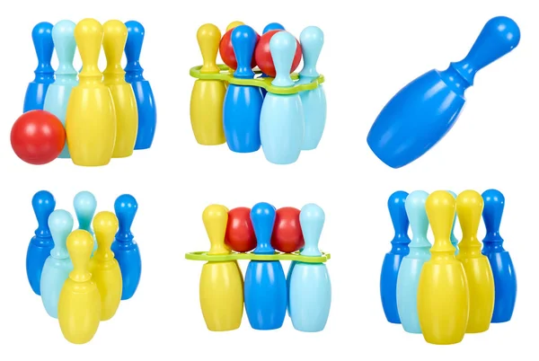 Boliche de brinquedo para jogo divertido, skittle plástico e bola, conjunto e coleção . — Fotografia de Stock