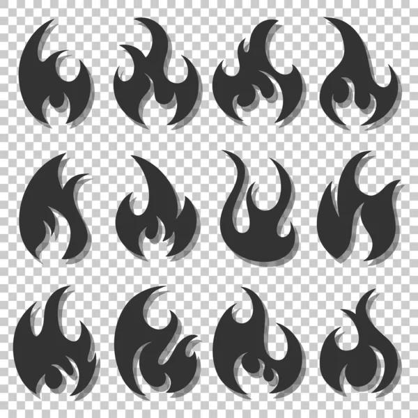 Conjunto de ícones de chamas diferentes. Coleção de silhuetas de fogo em estilo cartoon . —  Vetores de Stock
