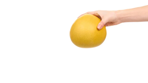 Mão Com Fruta Pomelo Fresca Suculenta Isolado Fundo Branco Espaço — Fotografia de Stock