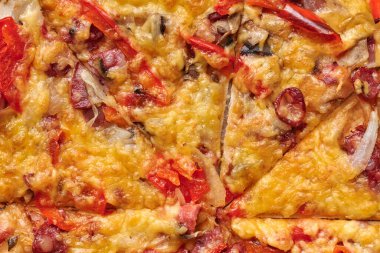 Taze İtalyan pizza makro fotoğrafı, dokuyu kapat..