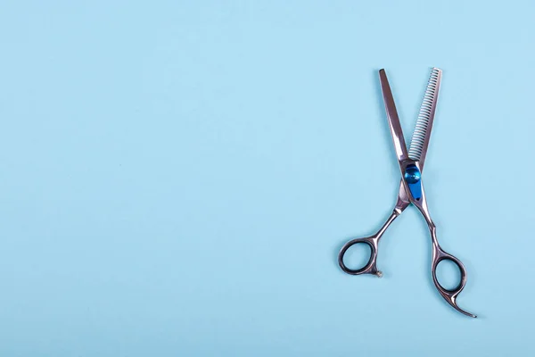 Thinning Scissors Blue Background Composition Flat Lay Photo — Stock Photo, Image