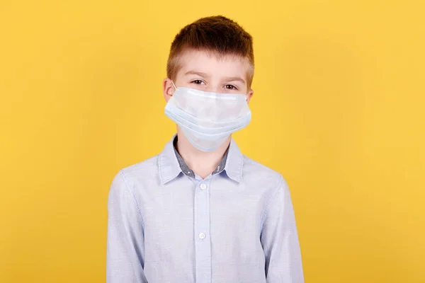 Portrait Brunette Boy Medical Mask Isolated Yellow Background — Stock Photo, Image