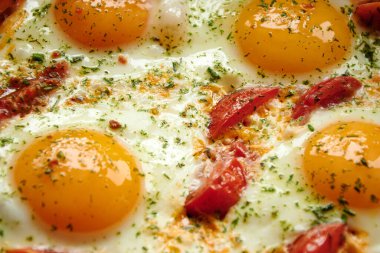 Domates ve baharatlı sahanda yumurta. Fotoğrafı kapat..