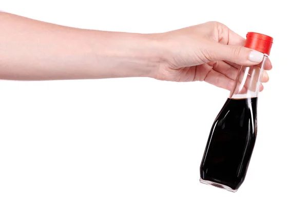赤カップ入りのガラス瓶醤油 — ストック写真