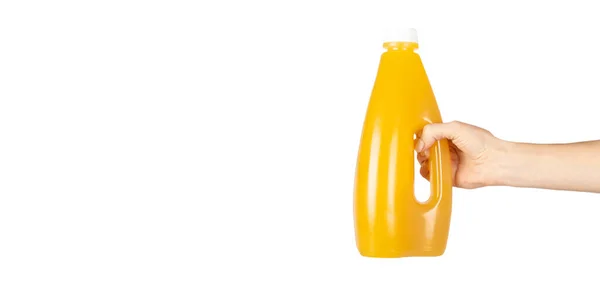 Bio Mangosaft Der Flasche Mit Der Hand Isoliert Auf Weißem — Stockfoto