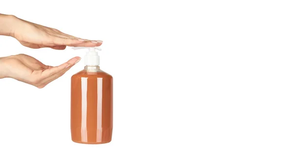 Vloeibare Antibacteriële Zeep Fles Met Hand Geïsoleerd Witte Achtergrond — Stockfoto
