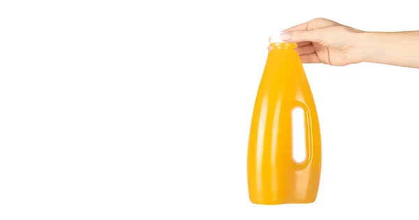 Økologisk Mango Juice Flaske Med Hånd Isolert Hvit Bakgrunn – stockfoto
