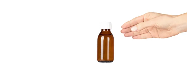 Medizinische Glasflasche Mit Hand Sirup Isoliert Auf Weißem Hintergrund — Stockfoto