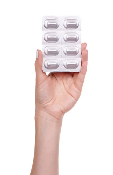 Ręka Tabletkami Medycznymi Blistrze Izolowane — Zdjęcie stockowe