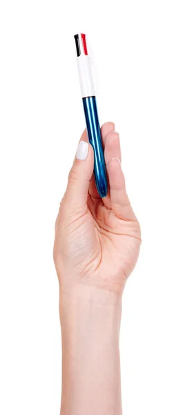 Mão Com Caneta Esferográfica Brilhante Isolada — Fotografia de Stock