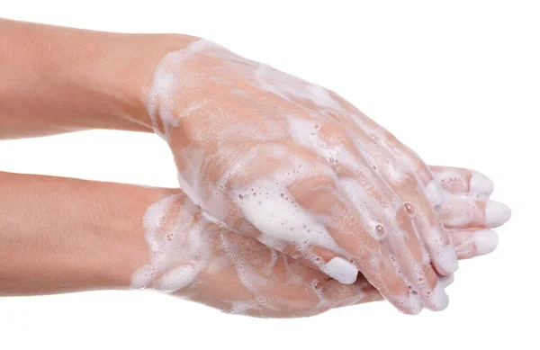 Mycie Rąk Mydłem Piana Skórze Izolacja — Zdjęcie stockowe