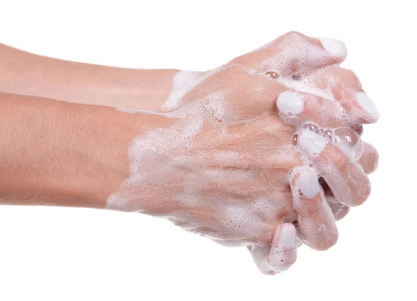 Handen Wassen Met Zeep Schuim Huid Geïsoleerd — Stockfoto