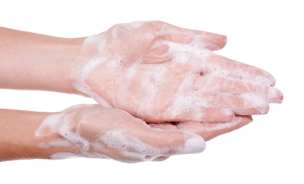 Handen Wassen Met Zeep Schuim Huid Geïsoleerd — Stockfoto