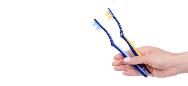 Escova Dentes Plástico Azul Amarelo Cuidados Dentários — Fotografia de Stock