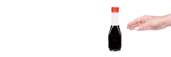 Sos Sojowy Szklanej Butelce Czerwonym Kubkiem — Zdjęcie stockowe