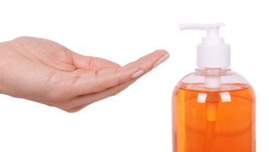 Şişede turuncu sıvı sabun. Yüksek kalite fotoğraf