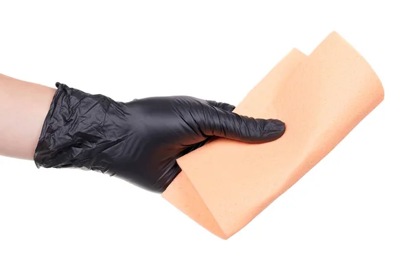Hand Hand Schwarze Latexhandschuhe Mit Reinigungsschwamm Isoliert Auf Weißem Hintergrund — Stockfoto