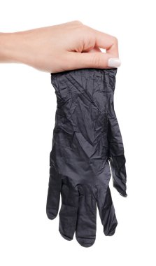 Siyah lateks eldivenli, beyaz arka planda izole edilmiş. Yüksek kalite fotoğraf