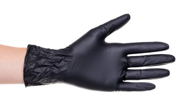 Siyah lateks eldivenli, beyaz arka planda izole edilmiş. Yüksek kalite fotoğraf