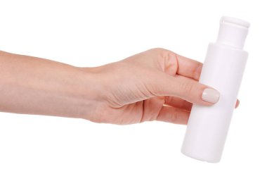 Dezenfektanlı beyaz şişeli el beyaz arka planda izole edilmiştir. Yüksek kalite fotoğraf