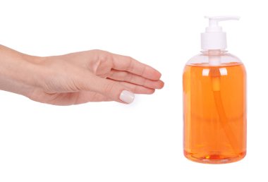 Şişede turuncu sıvı sabun. Yüksek kalite fotoğraf